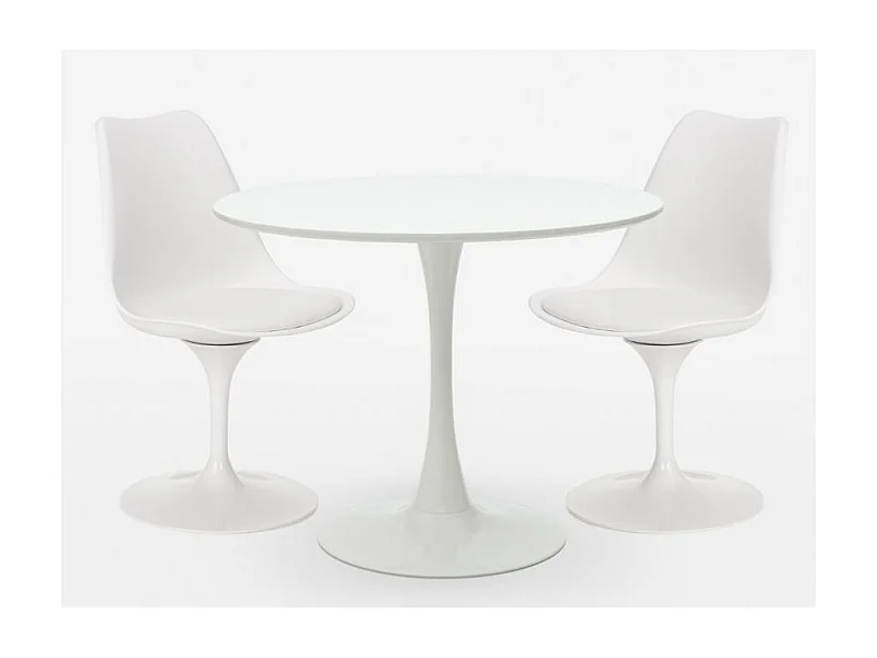 Ensemble table ronde 60cm et 2 chaises pivotantes blanches avec coussin similicuir Tulipa
