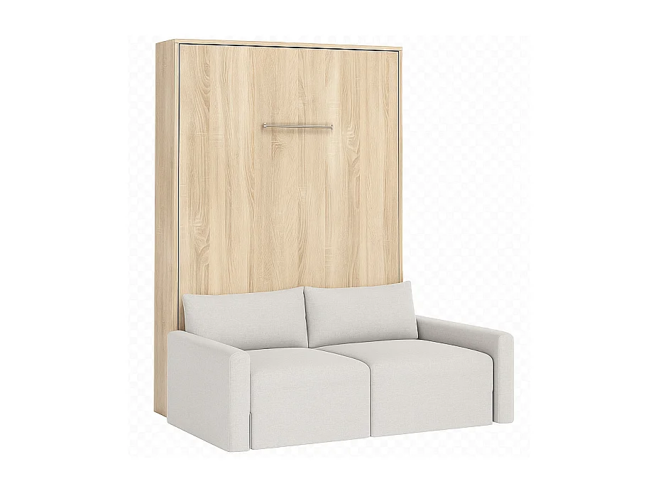 Lit escamotable vertical avec canapé tissu VALENCIA-140x190-Canapé Beige-Structure Chêne clair