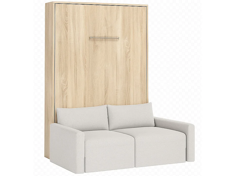 Lit escamotable vertical avec canapé tissu VALENCIA-140x190-Canapé Beige-Structure Chêne clair