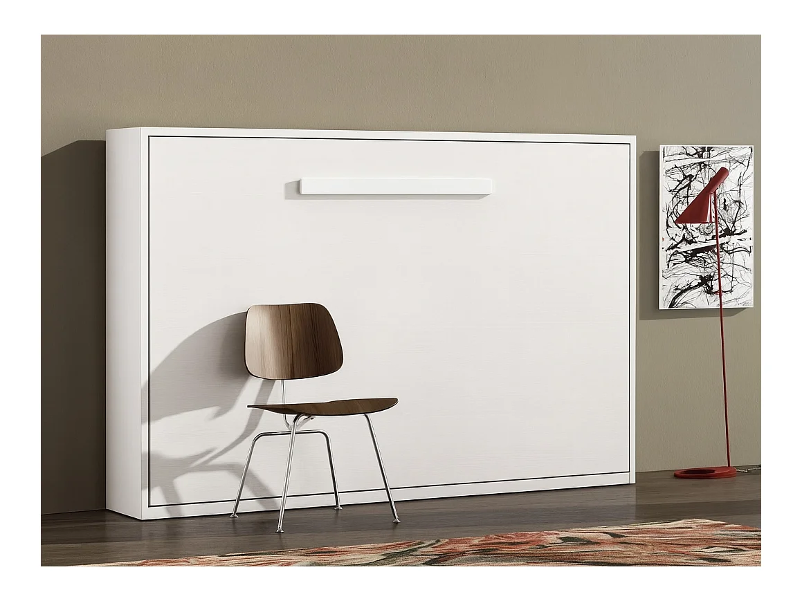 Cama abatible horizontal 140x190 Optima-Con colchón-Ropa de cama -Encofrado Blanco-Frente Nogal