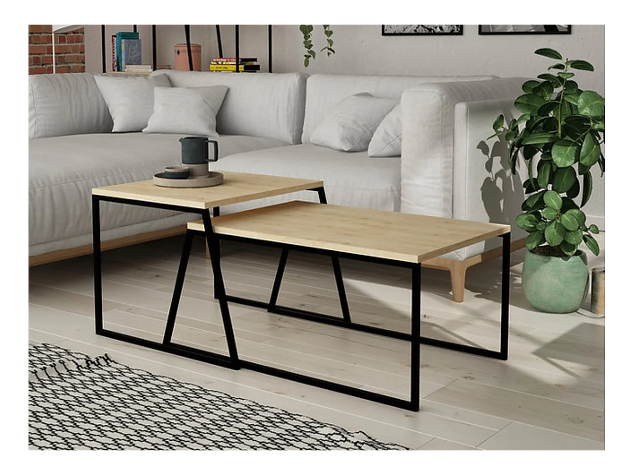 Ensemble 2 tables basses gigognes naturel et noir Valdis