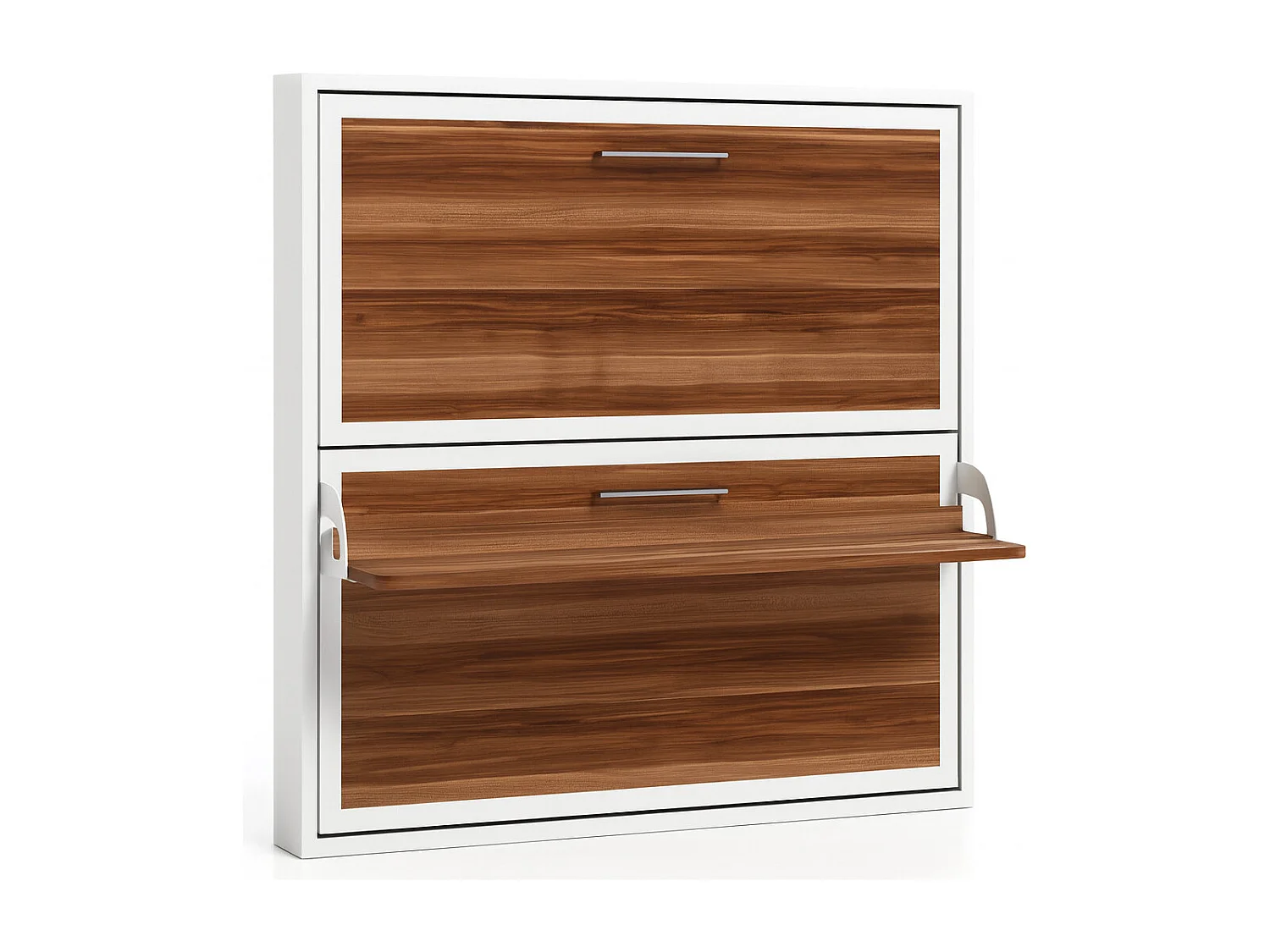 Lit escamotable horizontal superposé 90x180 STUDIO-Encadrement Blanc-Façade Noyer