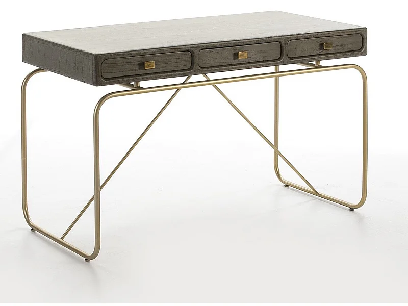 Bureau 3 tiroirs bois massif gris et pieds métal doré Bar