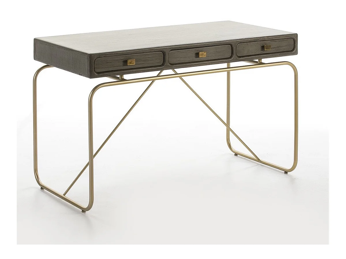 Bureau 3 tiroirs bois massif gris et pieds métal doré Bar