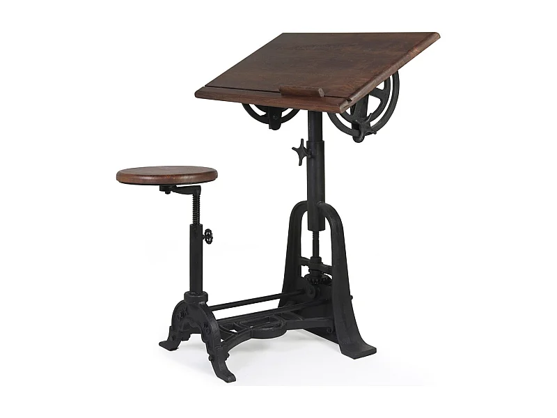 Bureau et tabouret industriel réglable fer noir et bois de manguier marron Kouba 80cm