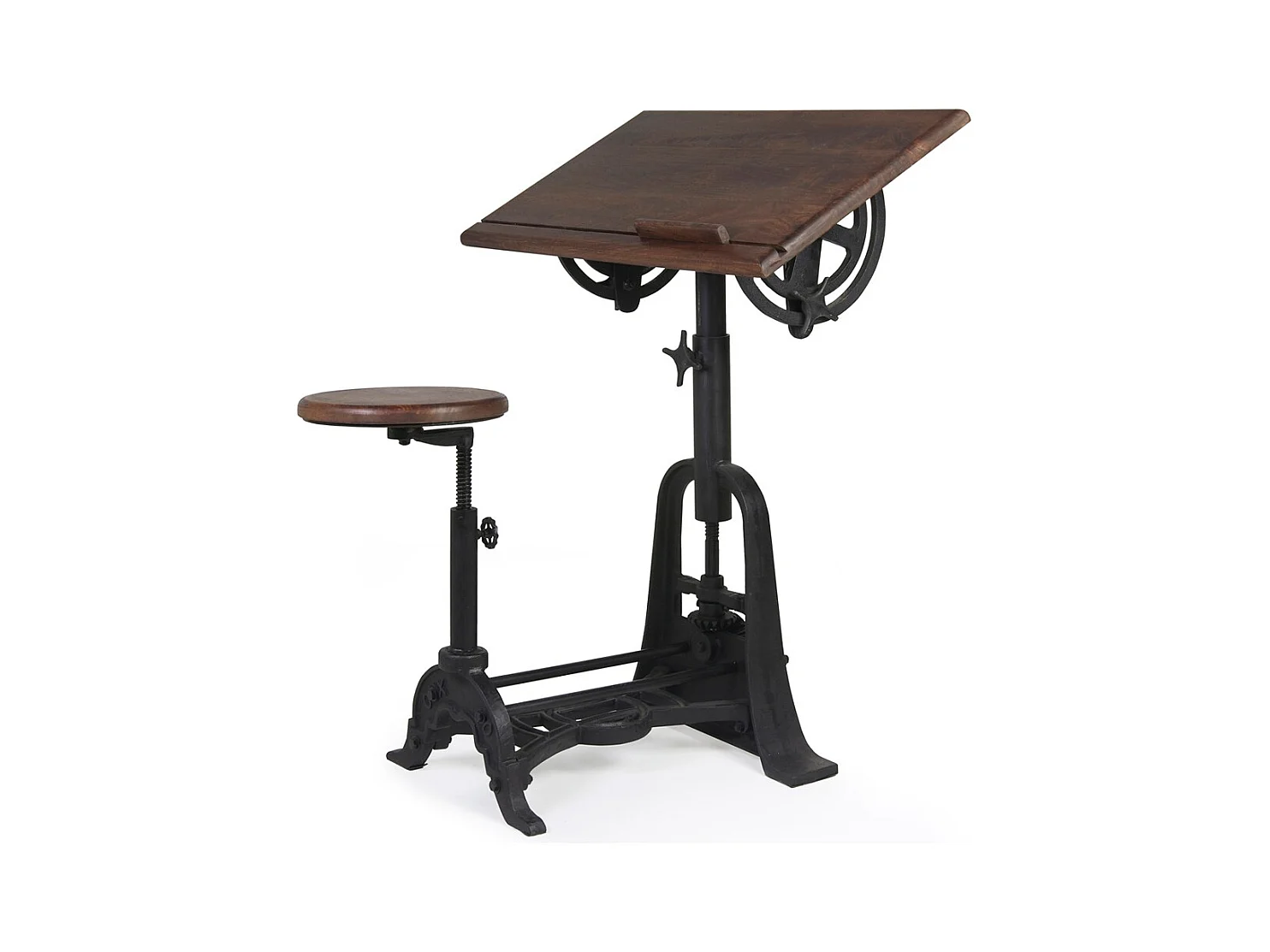 Bureau et tabouret industriel réglable fer noir et bois de manguier marron Kouba 80cm