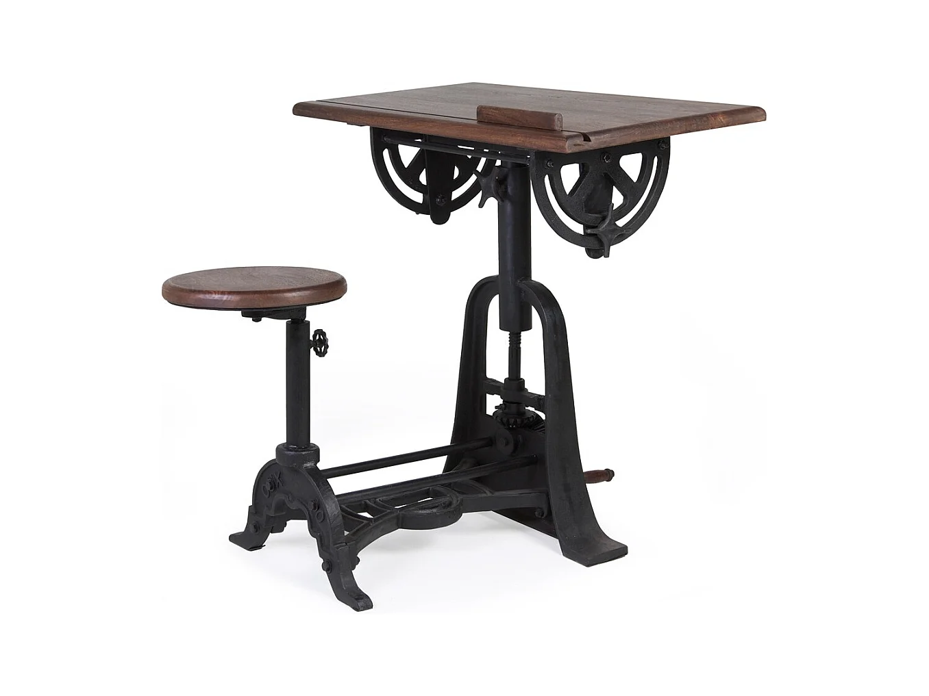 Bureau et tabouret industriel réglable fer noir et bois de manguier marron Kouba 80cm