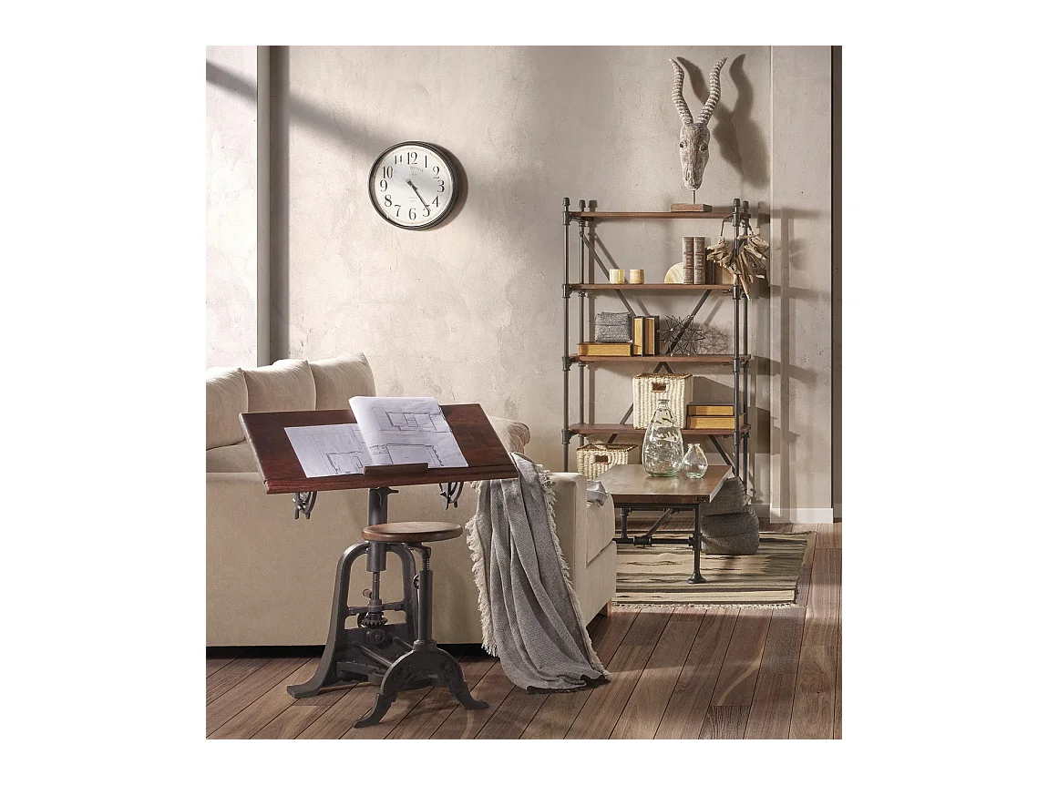 Bureau et tabouret industriel réglable fer noir et bois de manguier marron Kouba 80cm