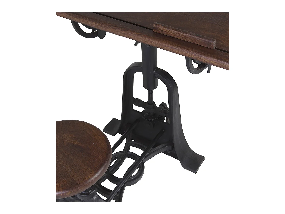 Bureau et tabouret industriel réglable fer noir et bois de manguier marron Kouba 80cm