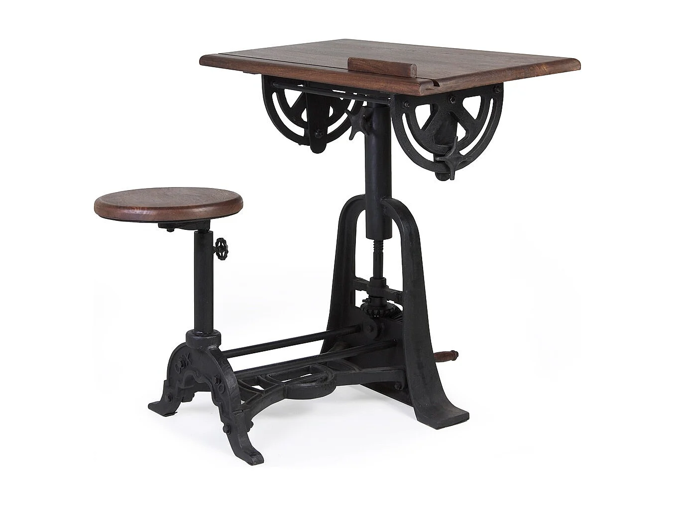 Bureau et tabouret industriel réglable fer noir et bois de manguier marron Kouba 80cm