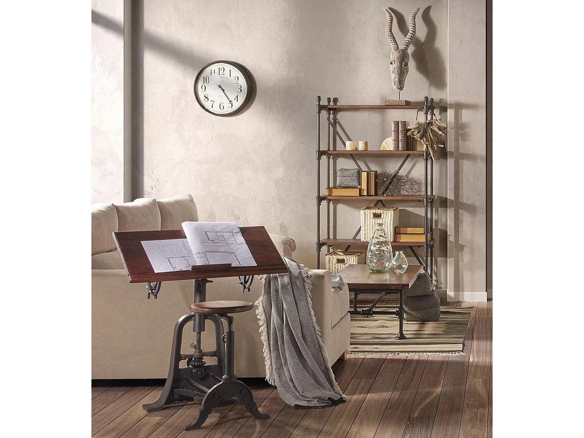 Bureau et tabouret industriel réglable fer noir et bois de manguier marron Kouba 80cm