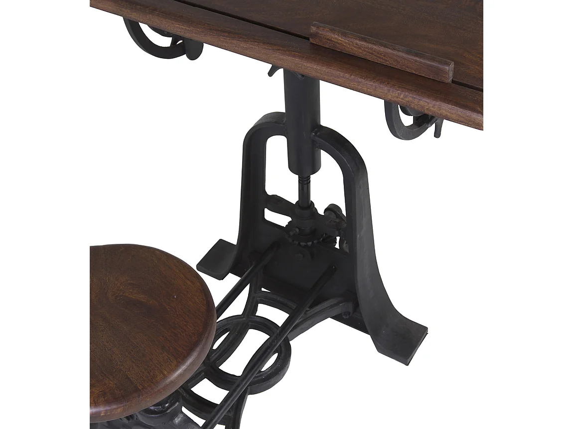 Bureau et tabouret industriel réglable fer noir et bois de manguier marron Kouba 80cm