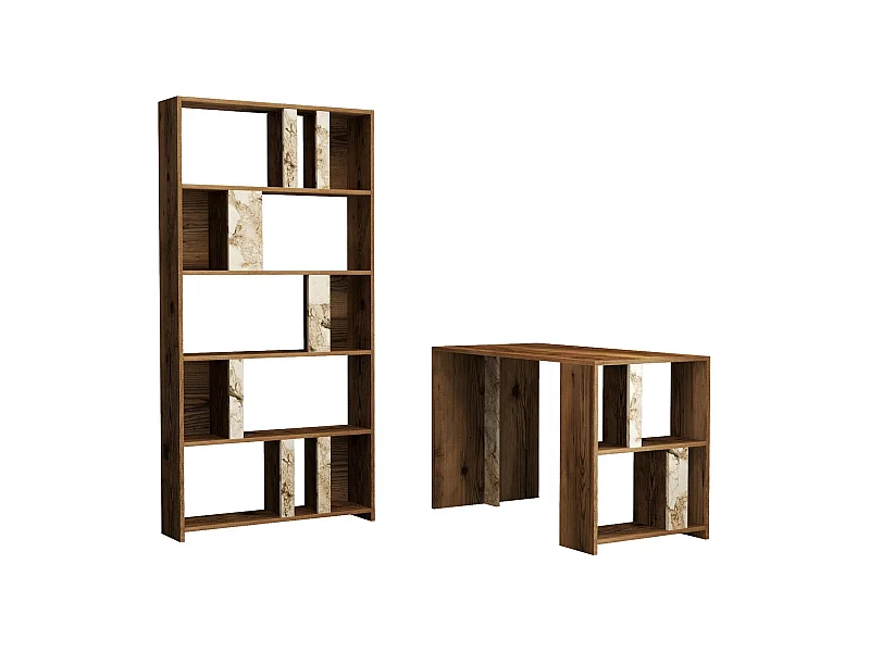 Ensemble bureau et bibliothèque Officium Bois Naturel et Blanc effet marbre