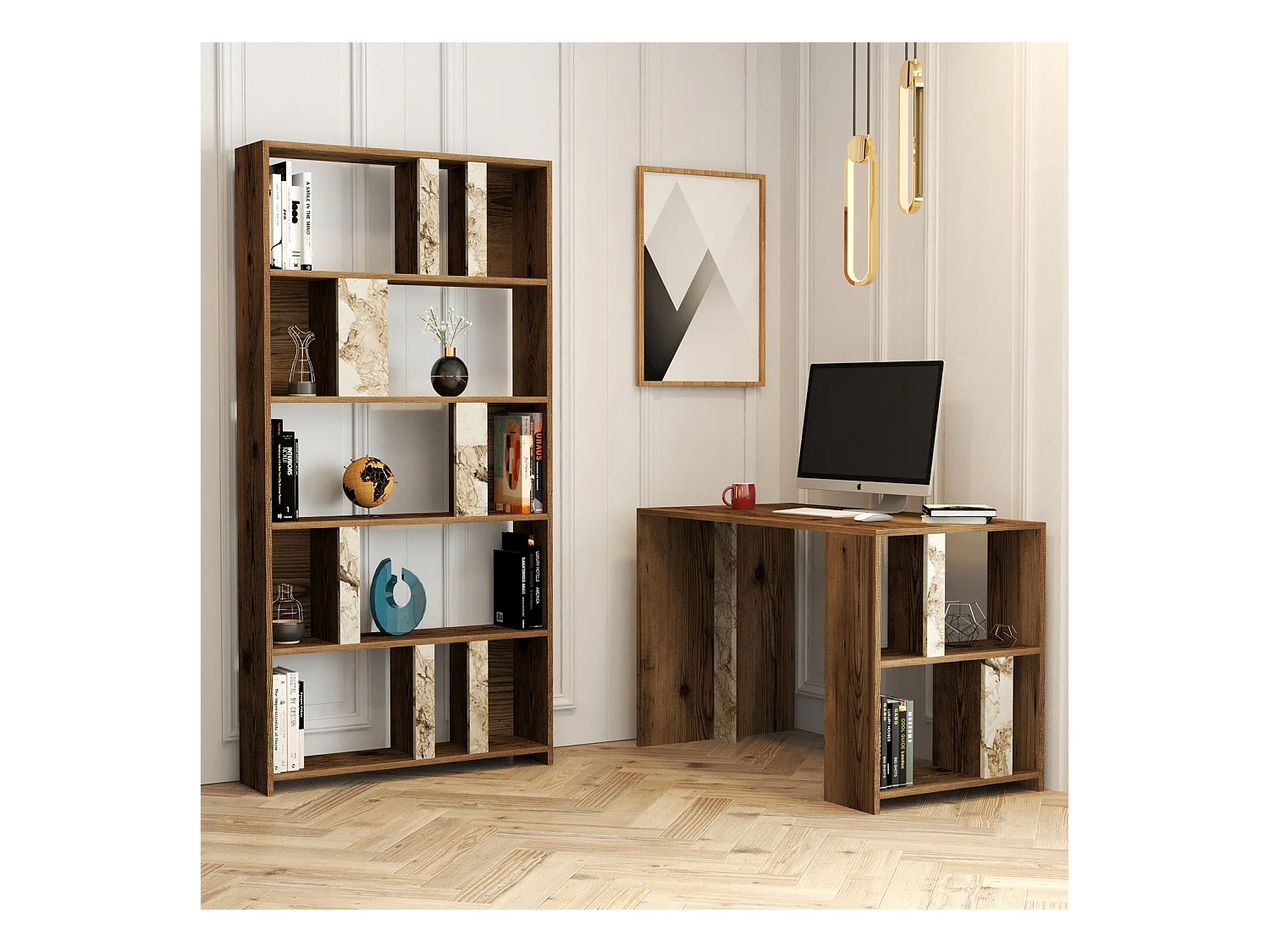 Ensemble bureau et bibliothèque Officium Bois Naturel et Blanc effet marbre