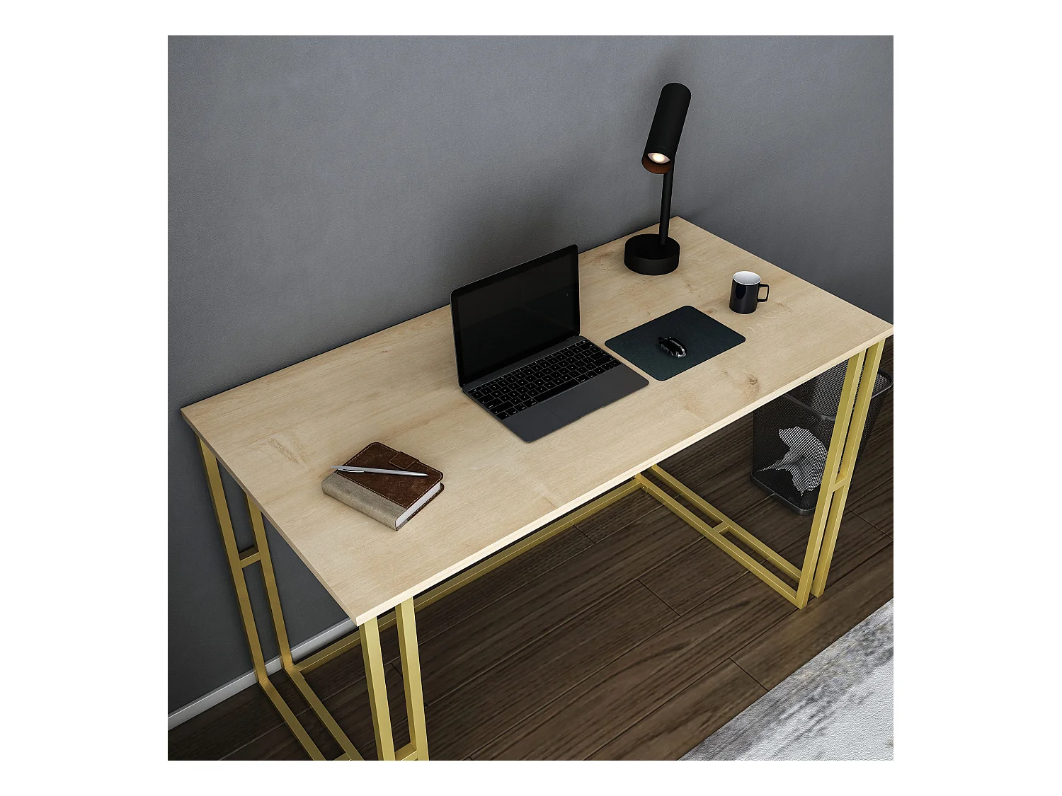 Bureau bois chêne clair et métal doré Kinoa 120cm