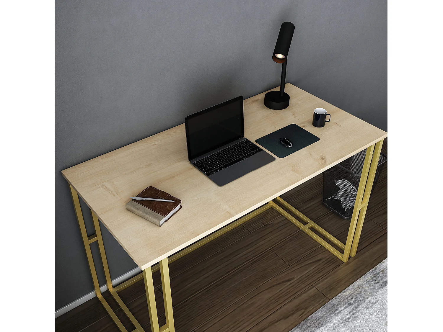 Bureau bois chêne clair et métal doré Kinoa 120cm