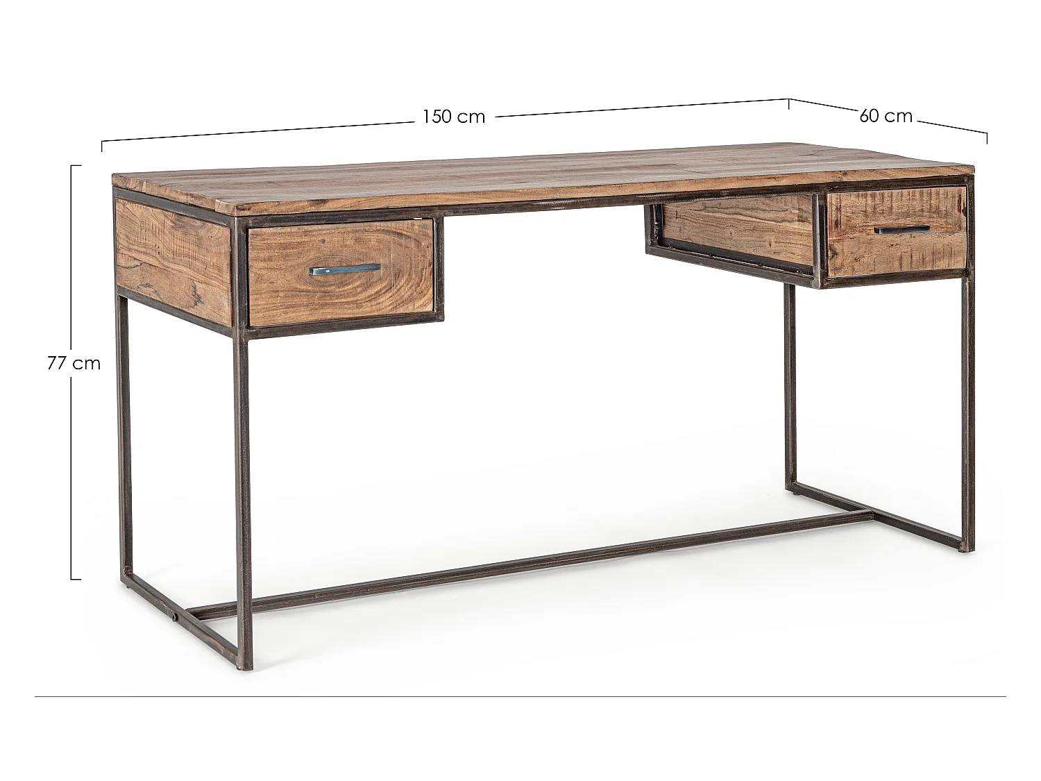 Bureau 2 tiroirs bois d'acacia clair et acier vieilli Kadone 150cm