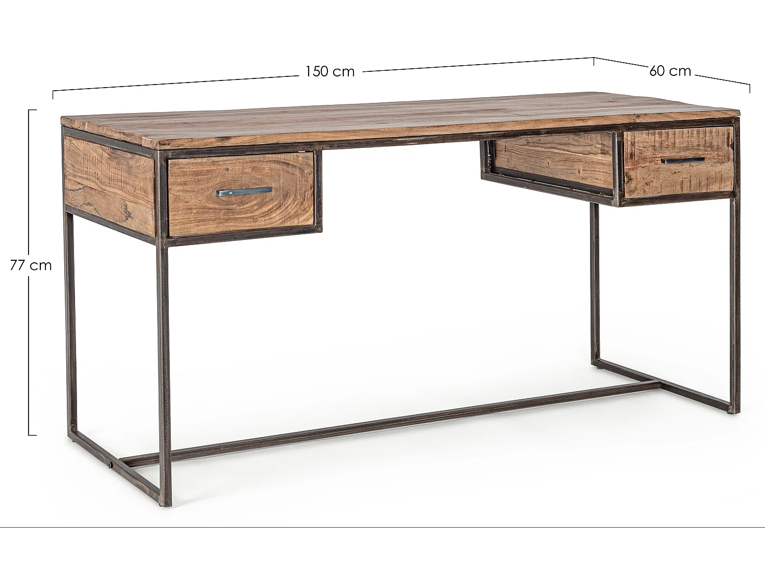 Bureau 2 tiroirs bois d'acacia clair et acier vieilli Kadone 150cm