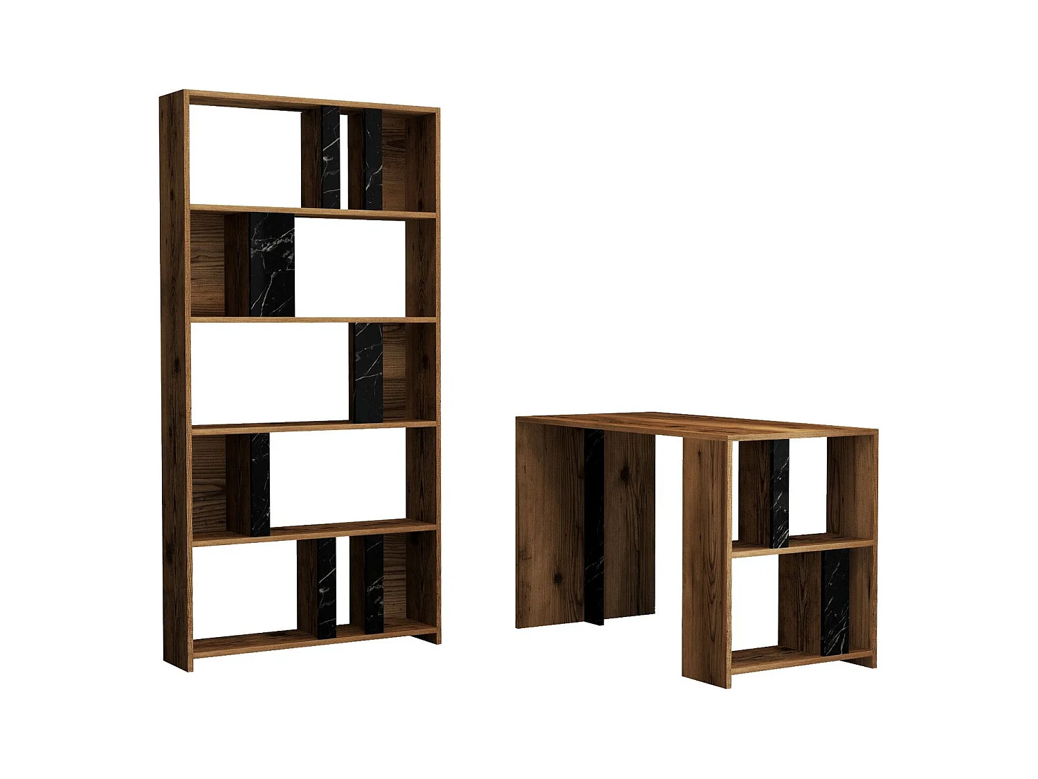 Ensemble bureau et bibliothèque Officium Bois Naturel et Noir effet marbre