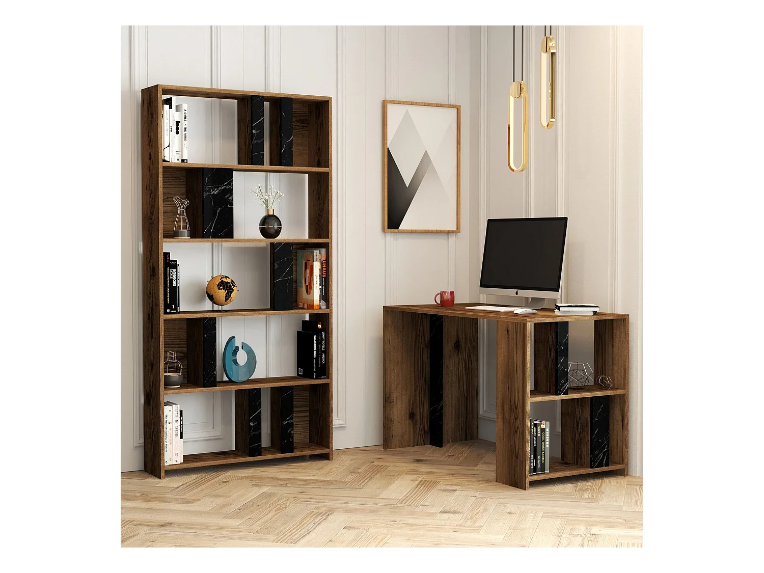 Ensemble bureau et bibliothèque Officium Bois Naturel et Noir effet marbre