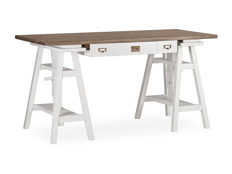 Bureau tretaux à hauteur réglable bois massif de mindi blanc et marron Kirest 150cm