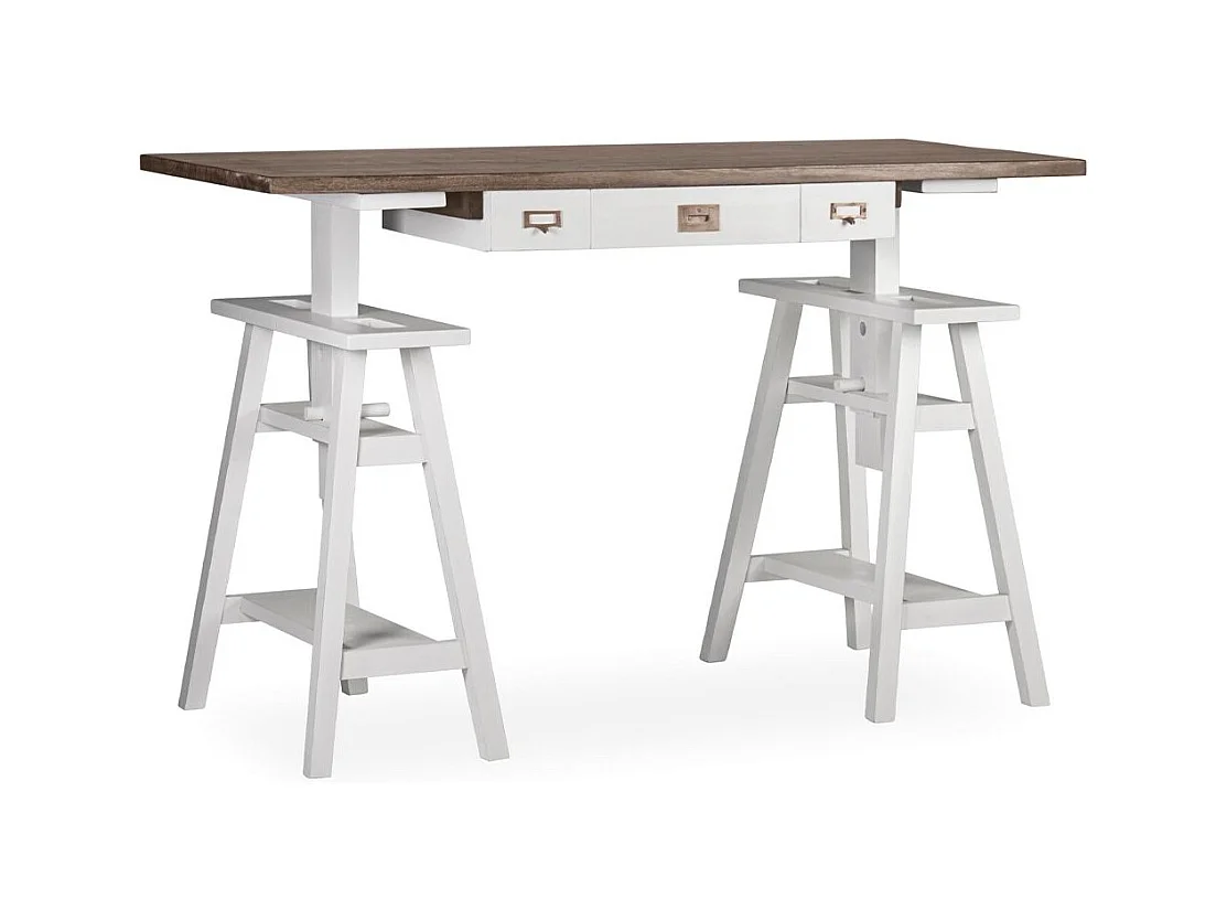 Bureau tretaux à hauteur réglable bois massif de mindi blanc et marron Kirest 150cm