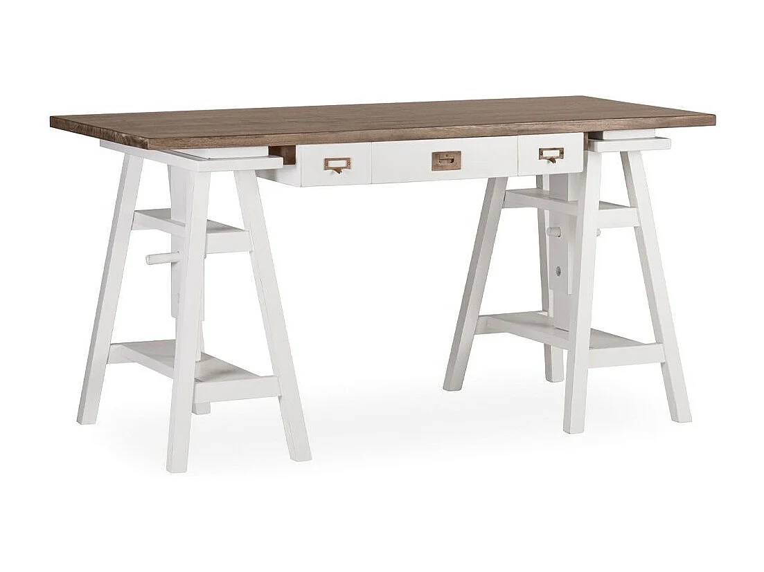 Bureau tretaux à hauteur réglable bois massif de mindi blanc et marron Kirest 150cm