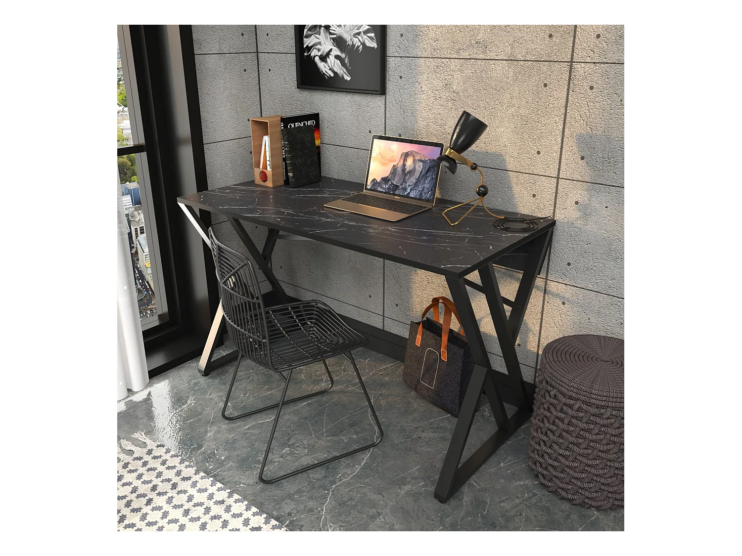 Bureau style industriel Powa 120cm Noir et Noir Effet marbre
