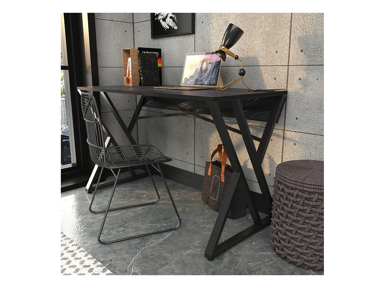 Bureau style industriel Powa 120cm Noir et Noir Effet marbre