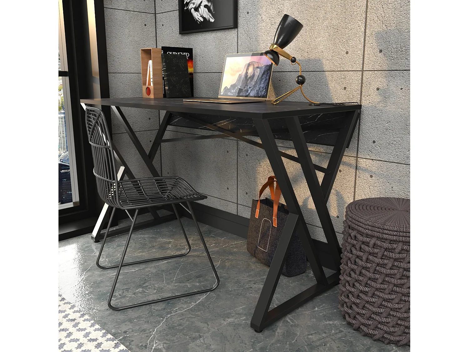 Bureau style industriel Powa 120cm Noir et Noir Effet marbre