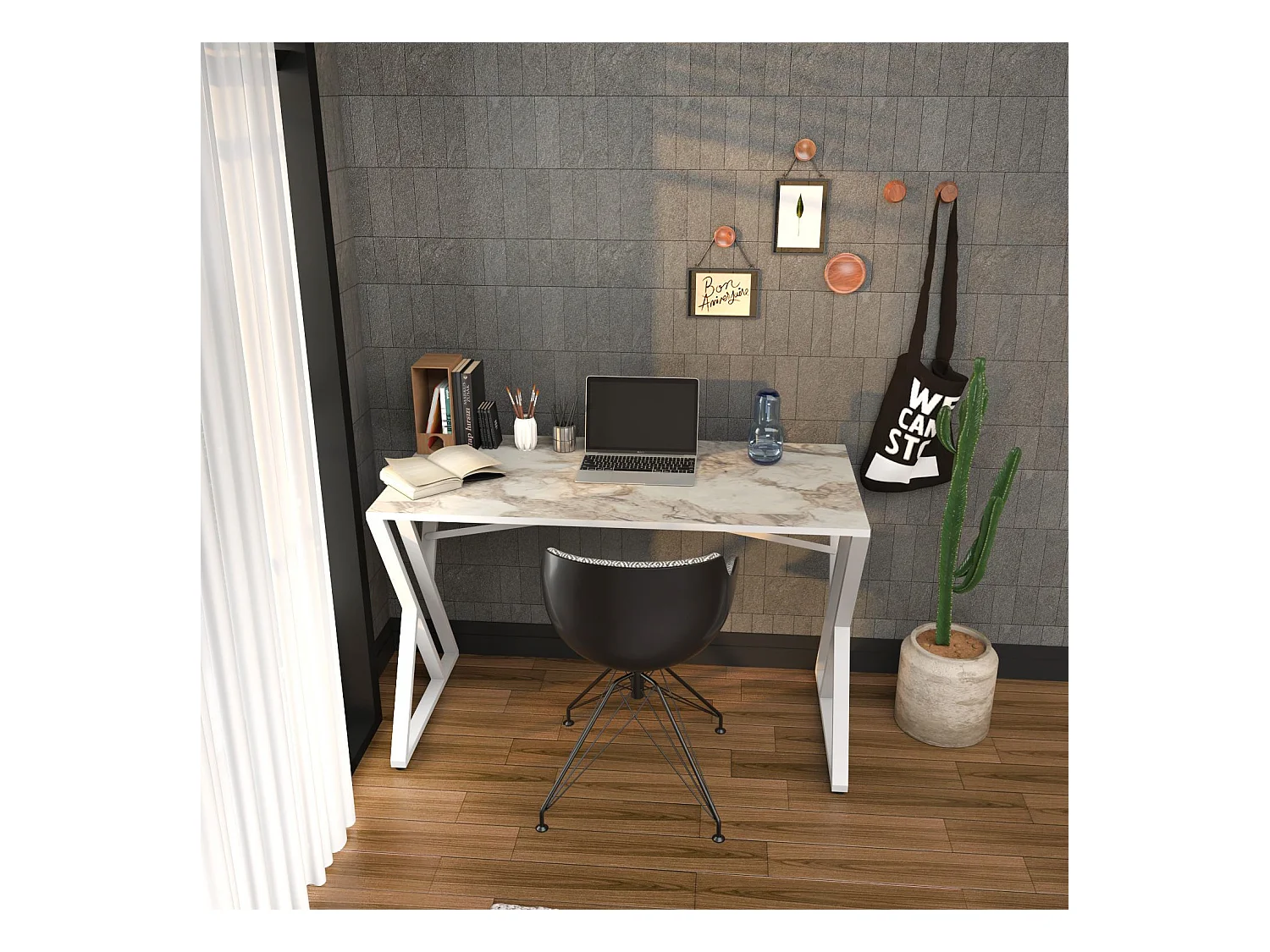 Bureau style industriel Powa 120cm Blanc et Blanc Effet marbre