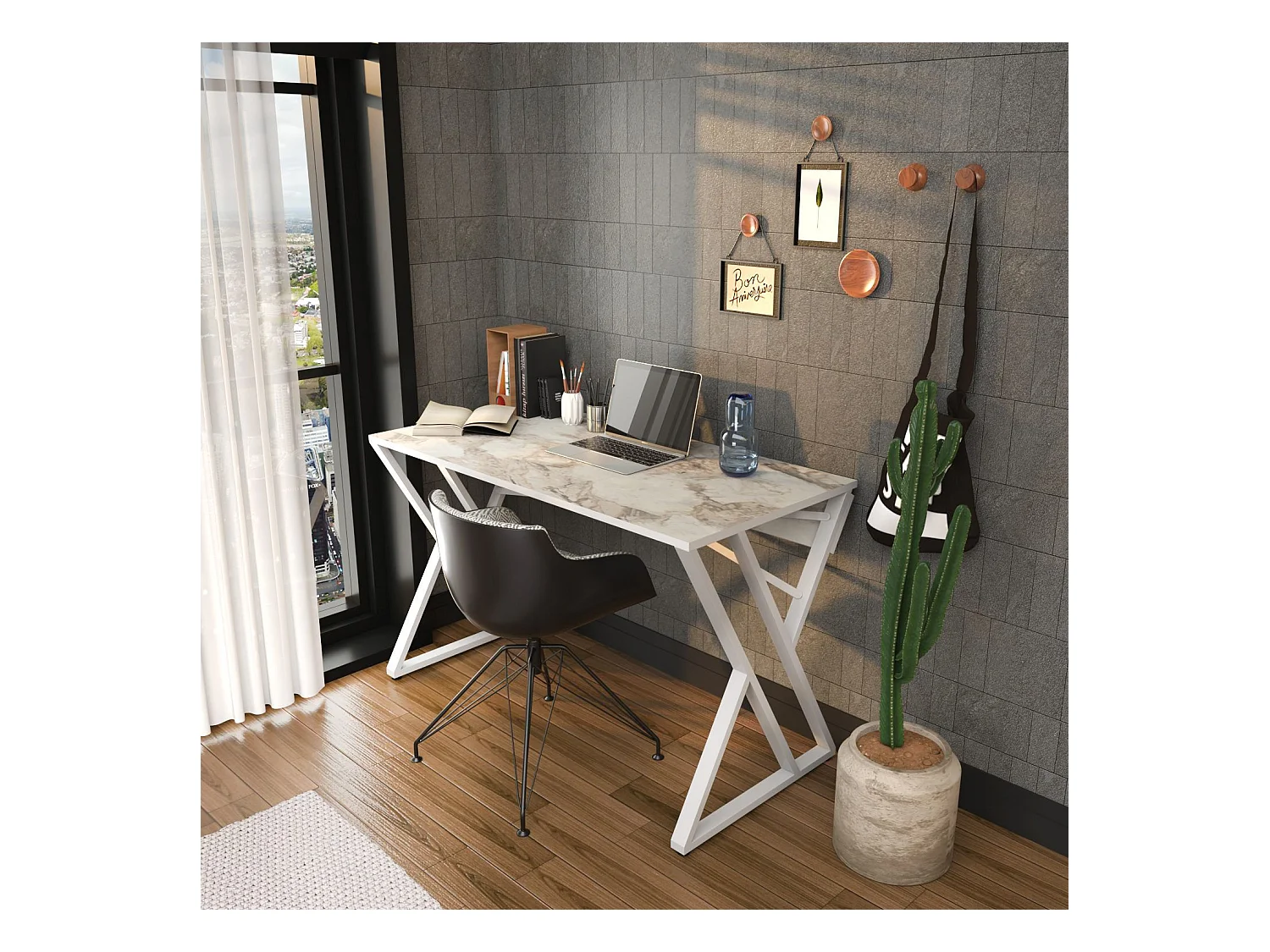 Bureau style industriel Powa 120cm Blanc et Blanc Effet marbre