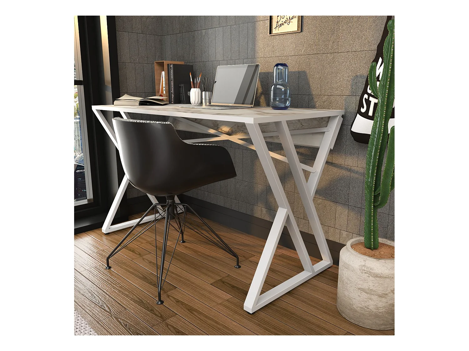 Bureau style industriel Powa 120cm Blanc et Blanc Effet marbre