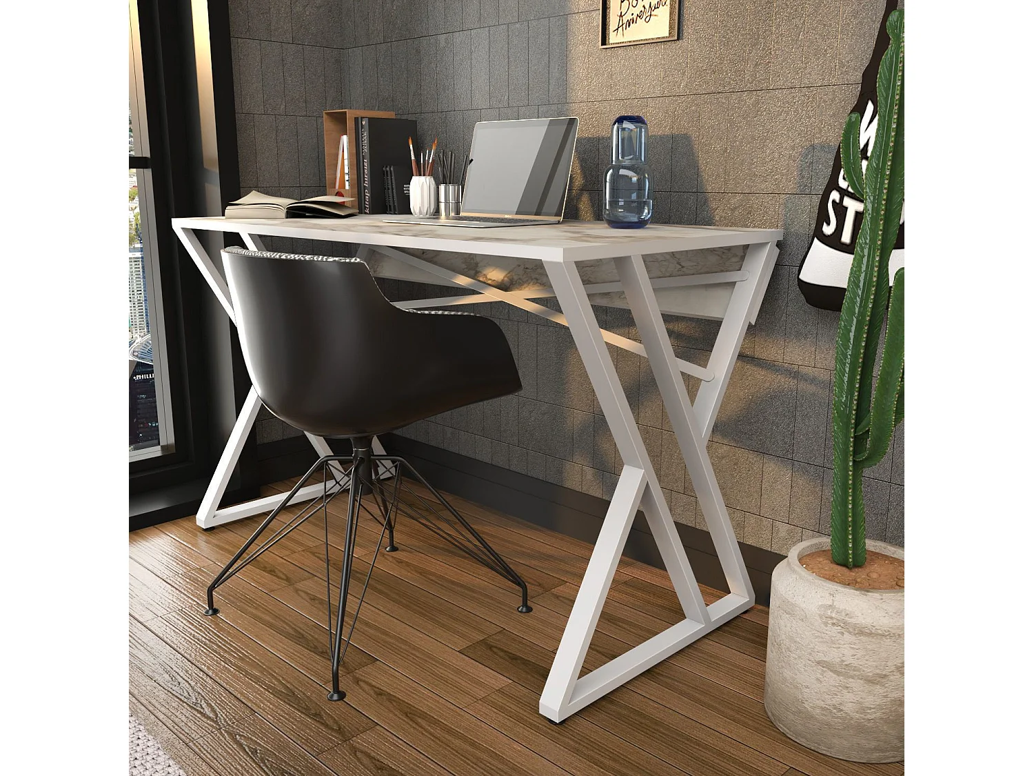 Bureau style industriel Powa 120cm Blanc et Blanc Effet marbre
