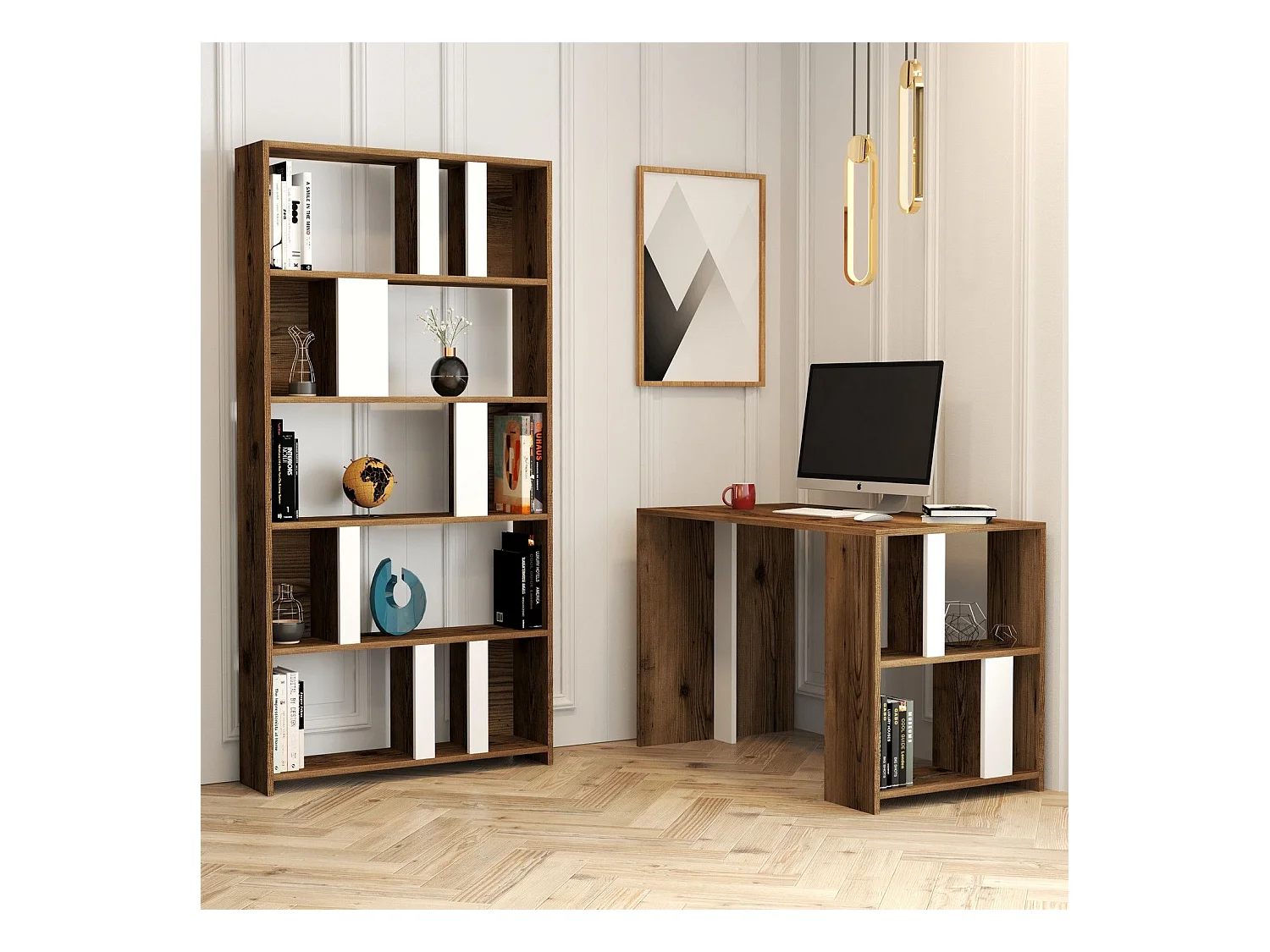 Ensemble bureau et bibliothèque Officium Bois Naturel et Blanc