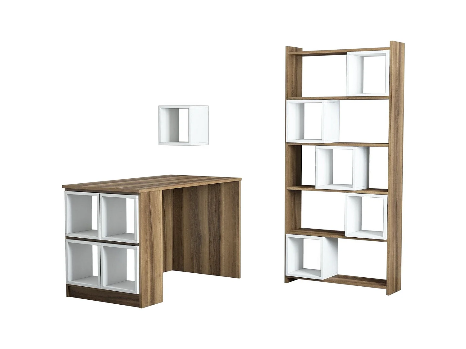 Ensemble bureau bibliothèque et étagère Officila Bois Naturel et Blanc