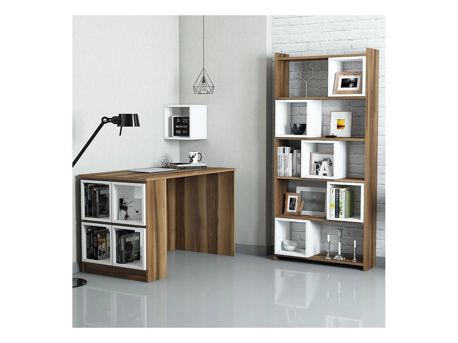 Ensemble bureau bibliothèque et étagère Officila Bois Naturel et Blanc