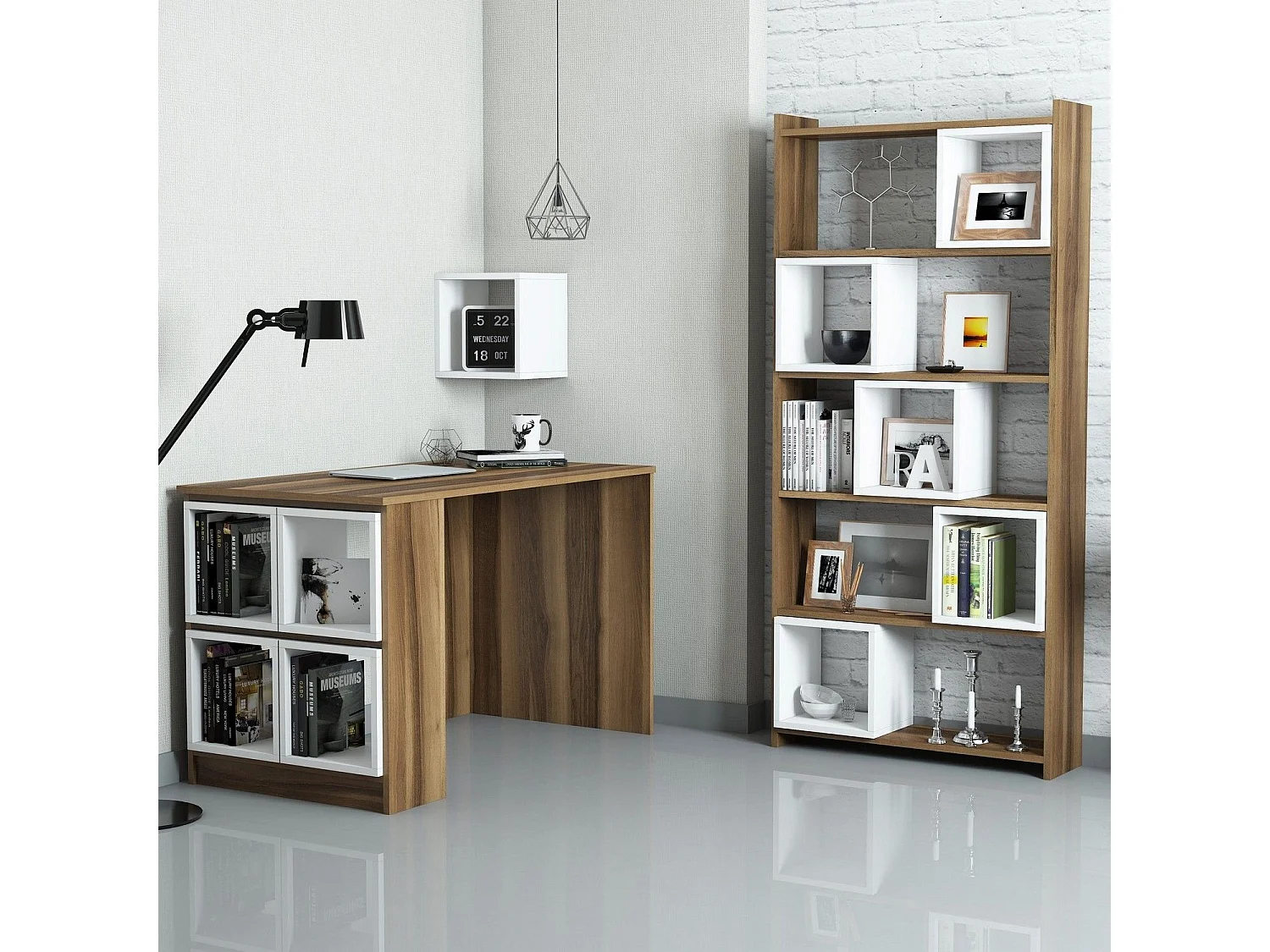 Ensemble bureau bibliothèque et étagère Officila Bois Naturel et Blanc