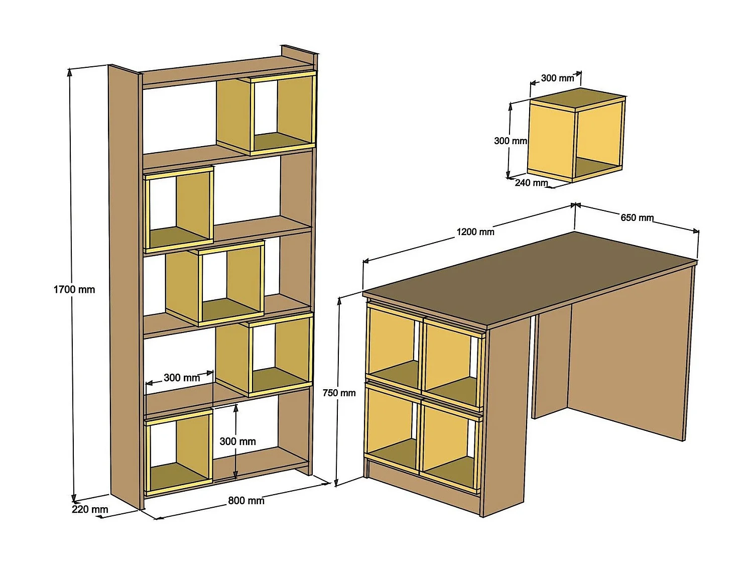 Ensemble bureau bibliothèque et étagère Officila Bois Naturel et Blanc