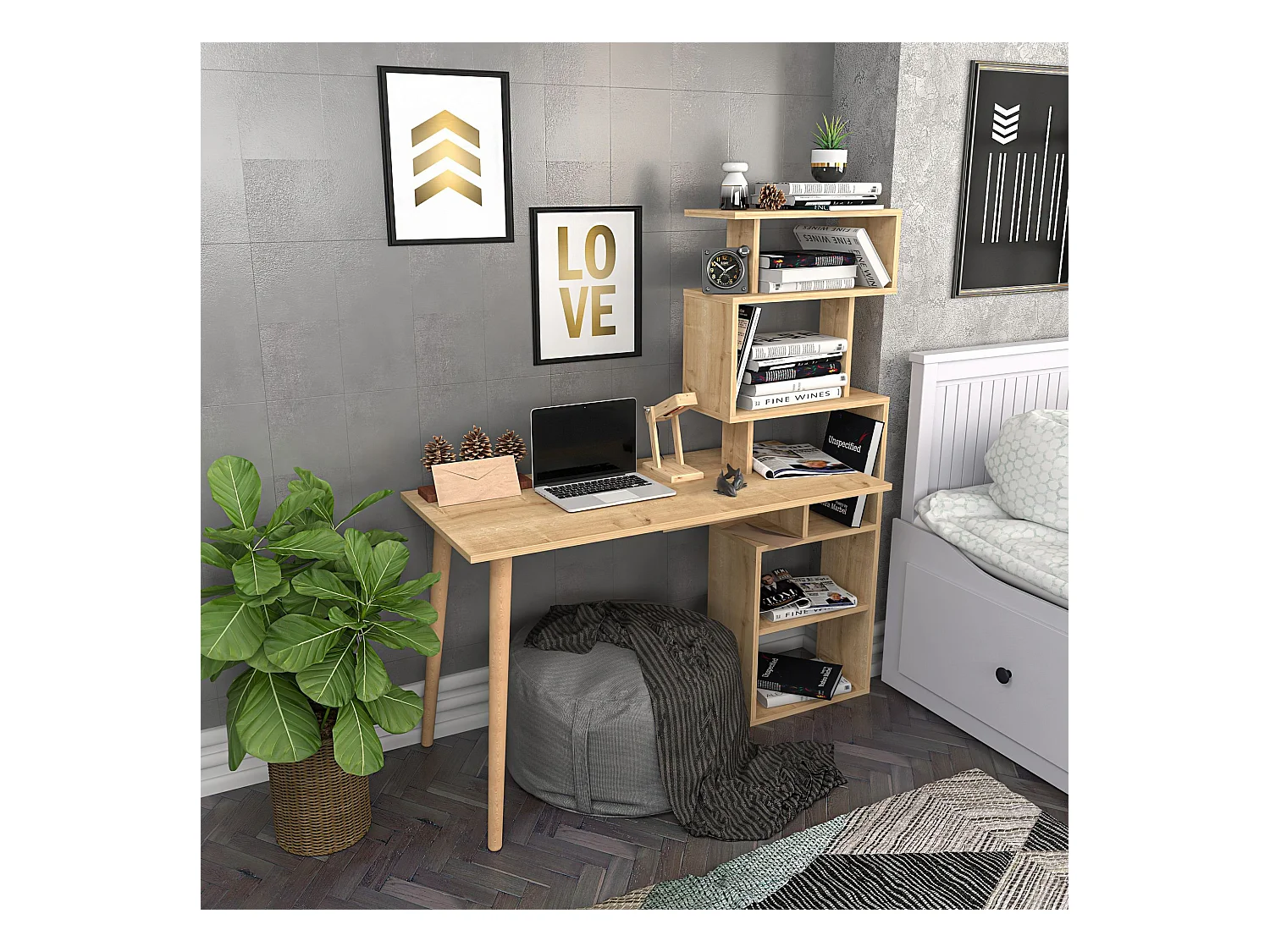 Bureau avec étagères Bardon L133cm Chêne clair