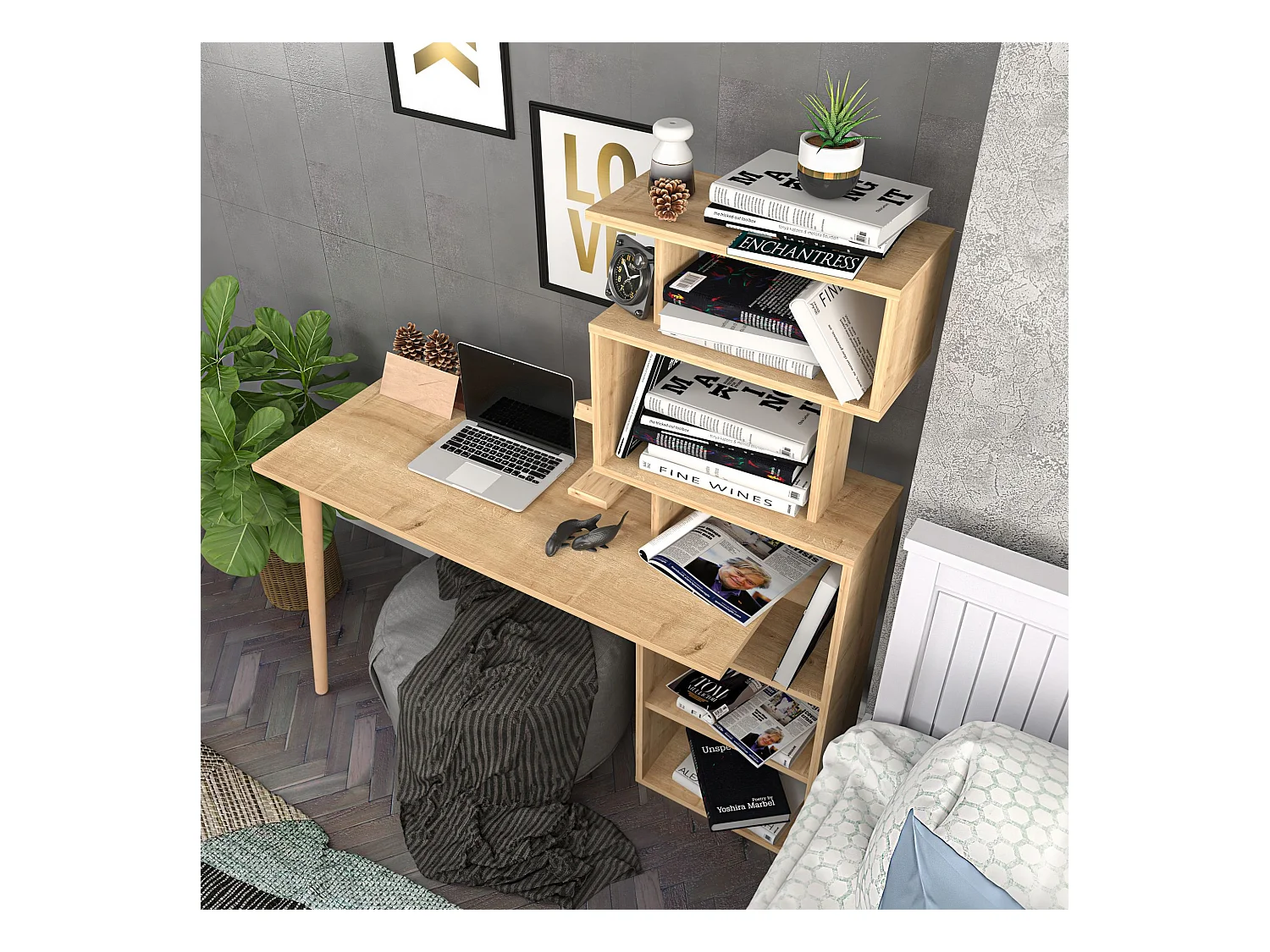 Bureau avec étagères Bardon L133cm Chêne clair