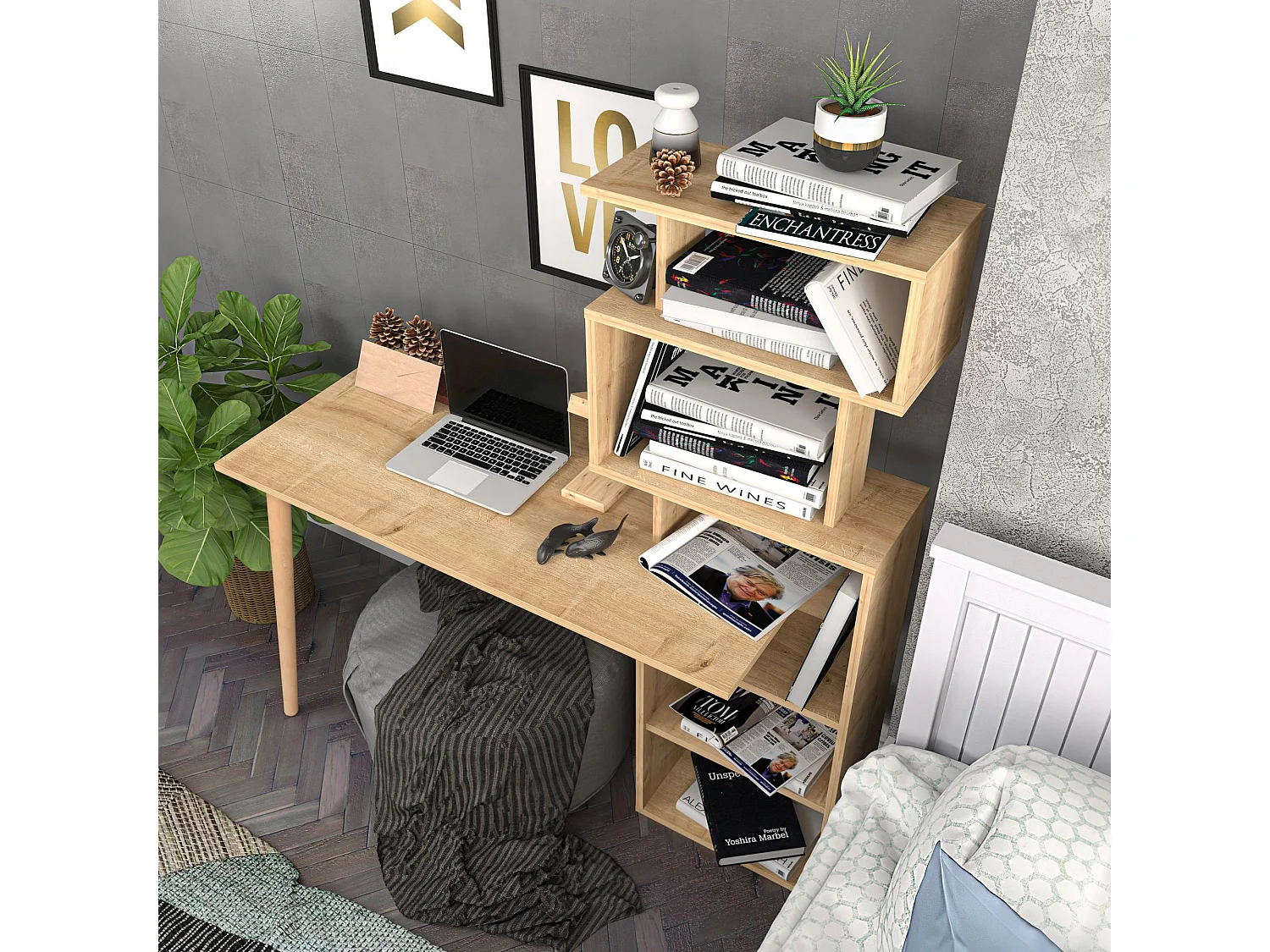 Bureau avec étagères Bardon L133cm Chêne clair