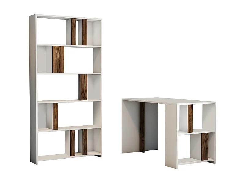 Ensemble bureau et bibliothèque bois blanc et noyer Kima