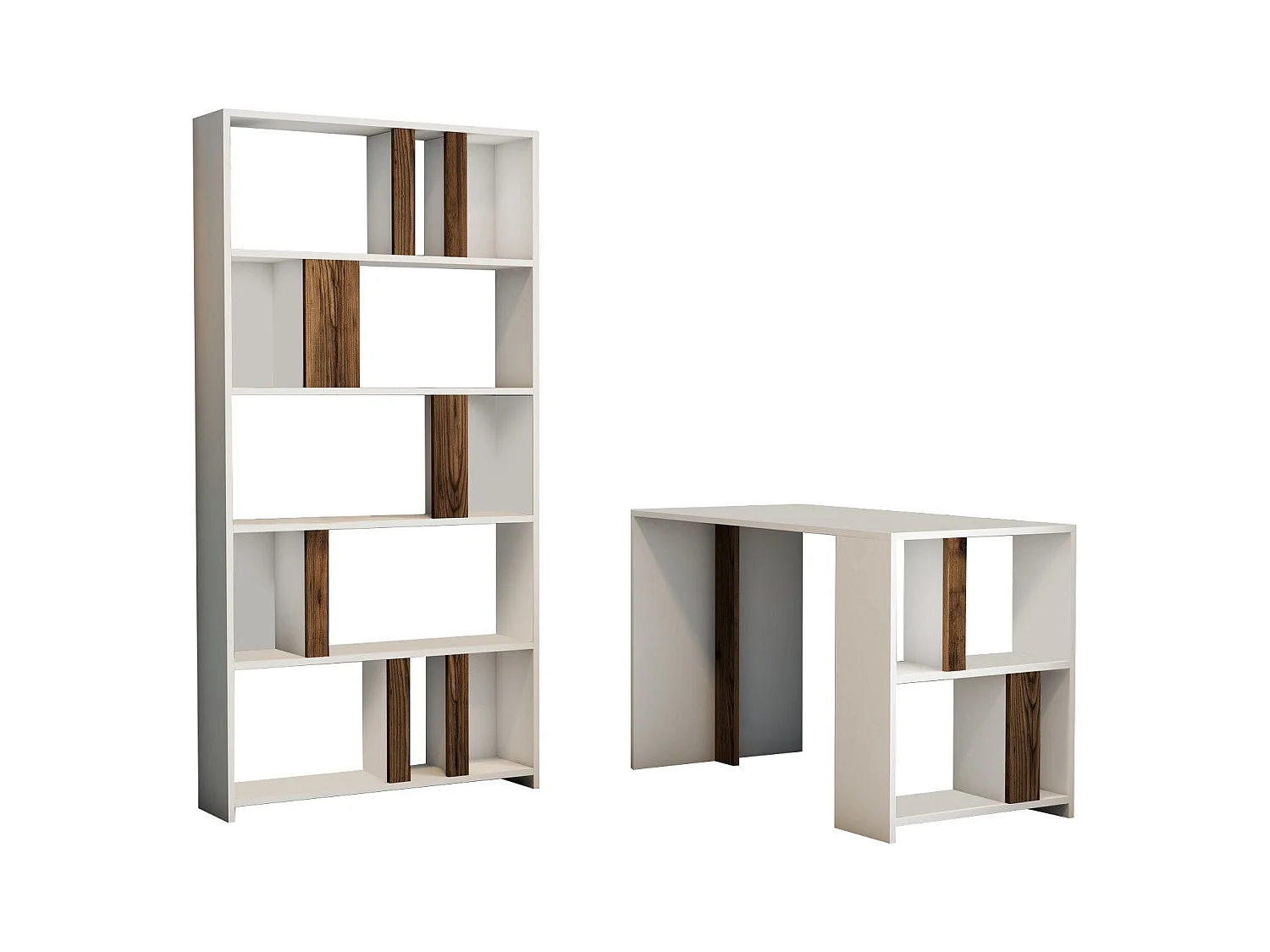 Ensemble bureau et bibliothèque bois blanc et noyer Kima