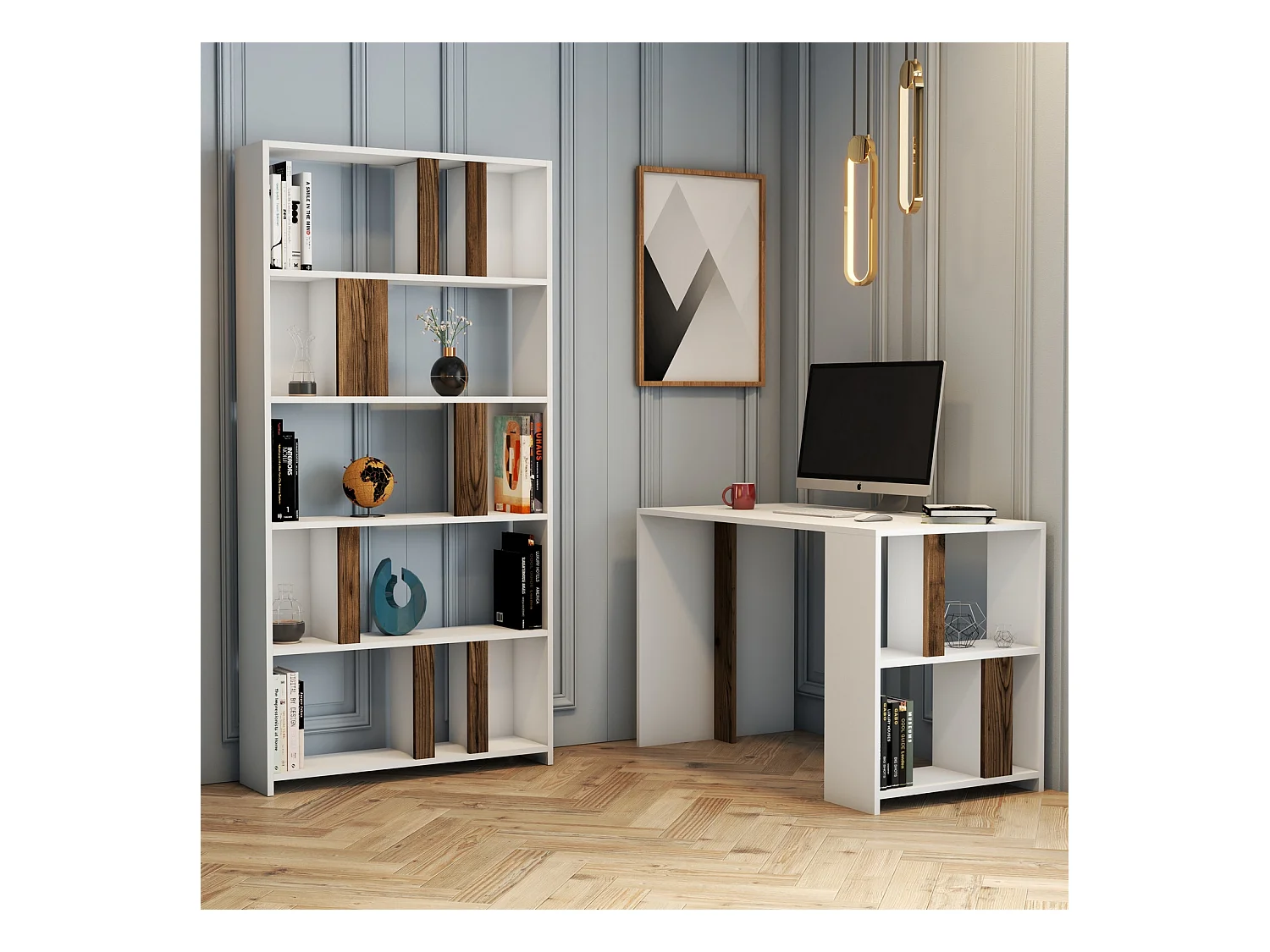 Ensemble bureau et bibliothèque bois blanc et noyer Kima