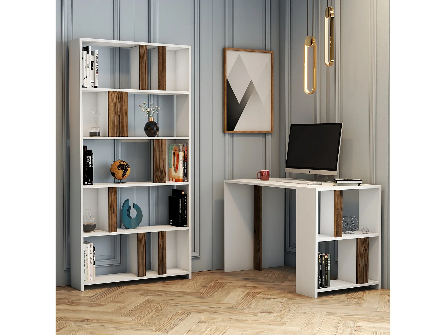 Ensemble bureau et bibliothèque bois blanc et noyer Kima