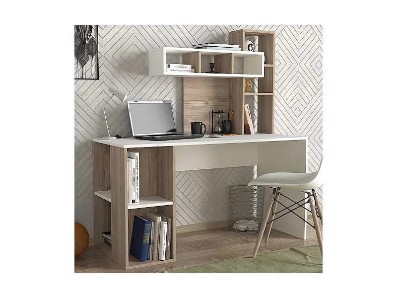 Bureau avec étagère intégré Cicero Bois Naturel et Blanc