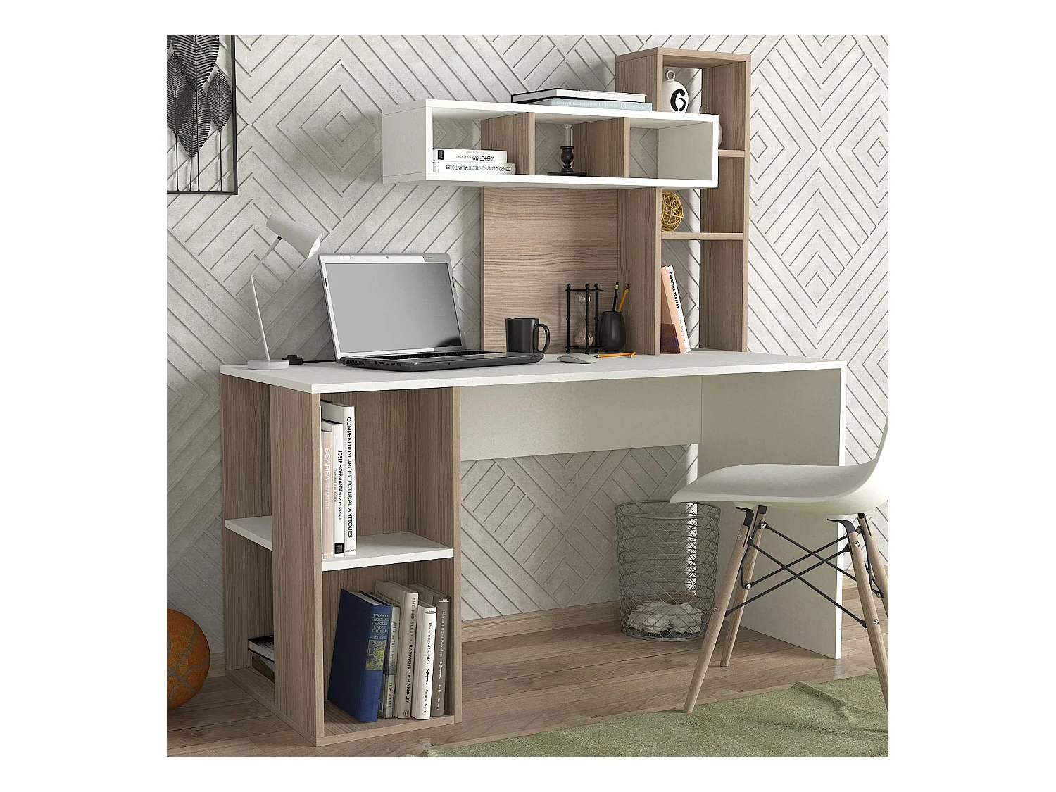 Bureau avec étagère intégré Cicero Bois Naturel et Blanc