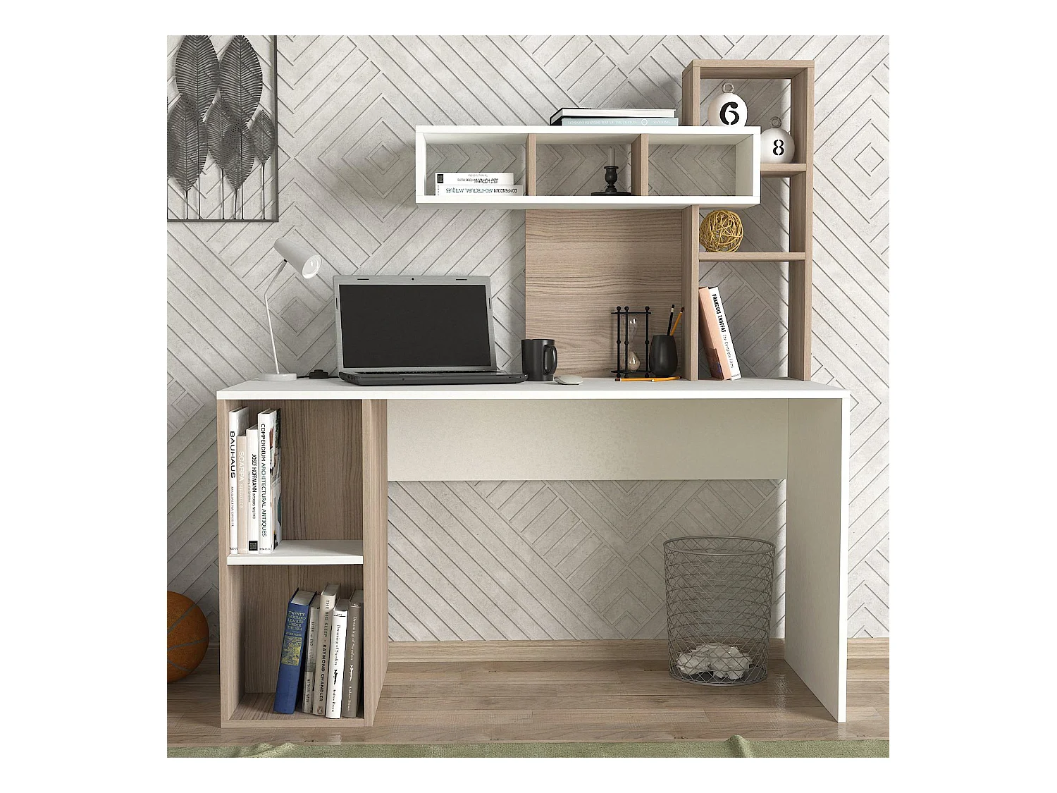 Bureau avec étagère intégré Cicero Bois Naturel et Blanc