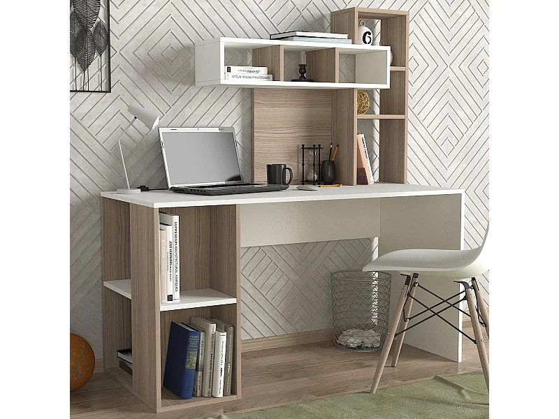 Bureau avec étagère intégré Cicero Bois Naturel et Blanc